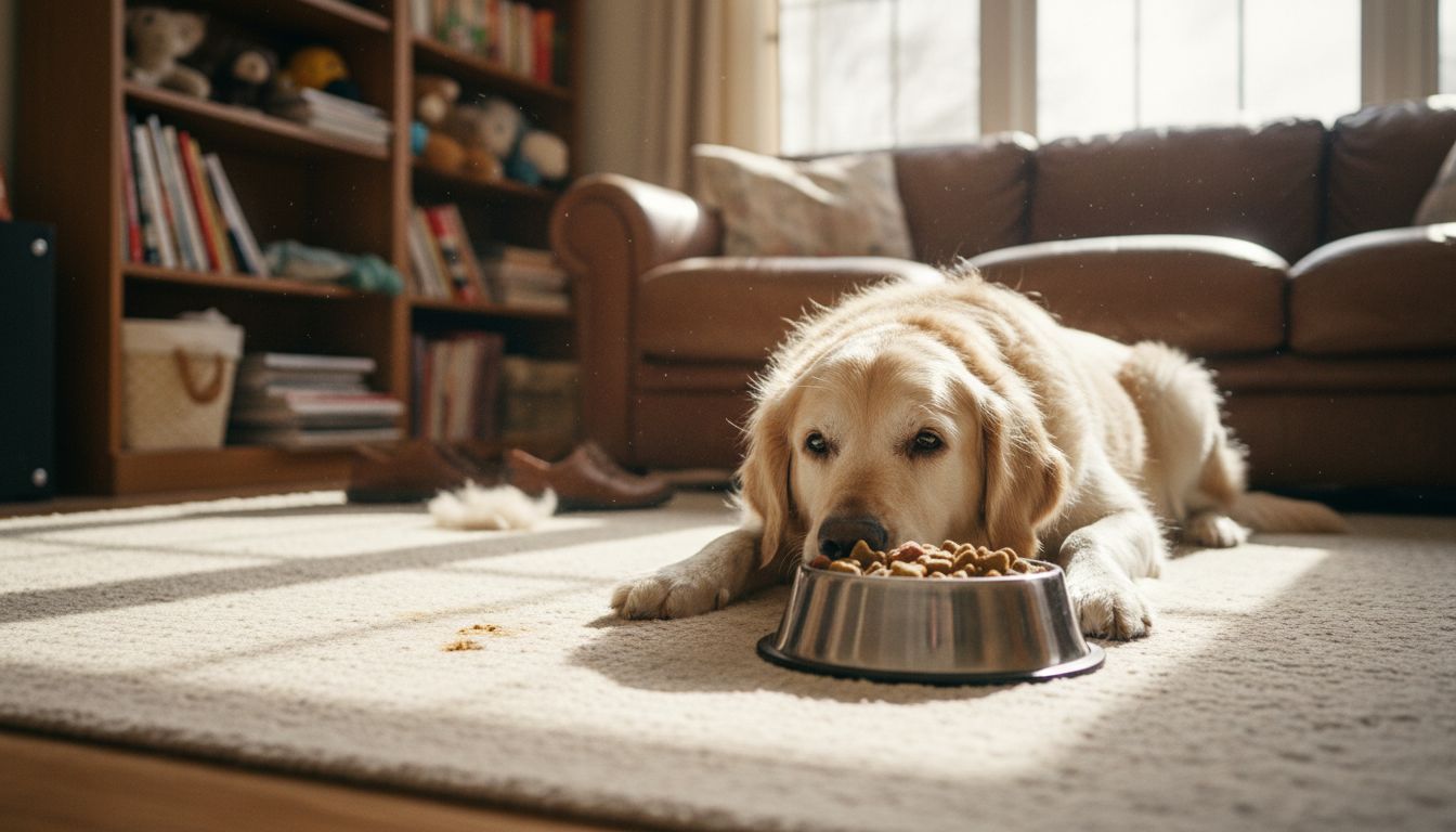 Elderly dog with senior food bowl in living room