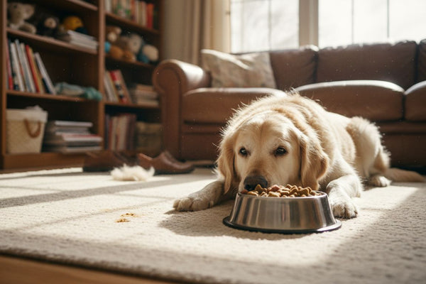 Elderly dog with senior food bowl in living room