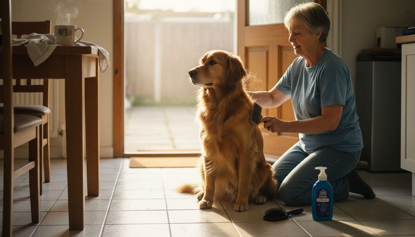 Woman brushing golden retriever in sunny kitchen