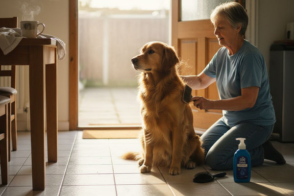 Woman brushing golden retriever in sunny kitchen