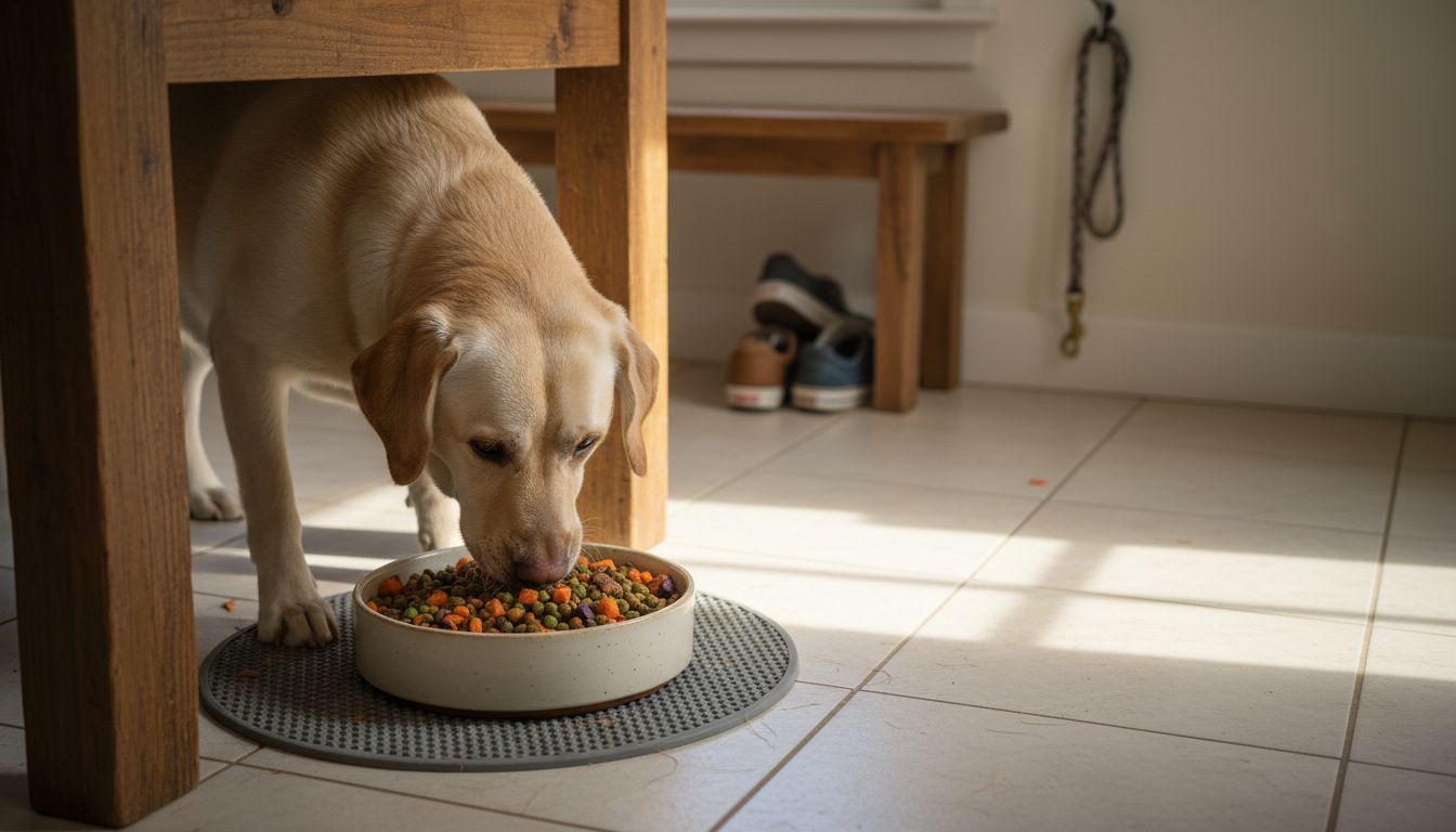 Labrador eating healthy dog food in sunlit kitchen