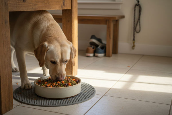 Labrador eating healthy dog food in sunlit kitchen