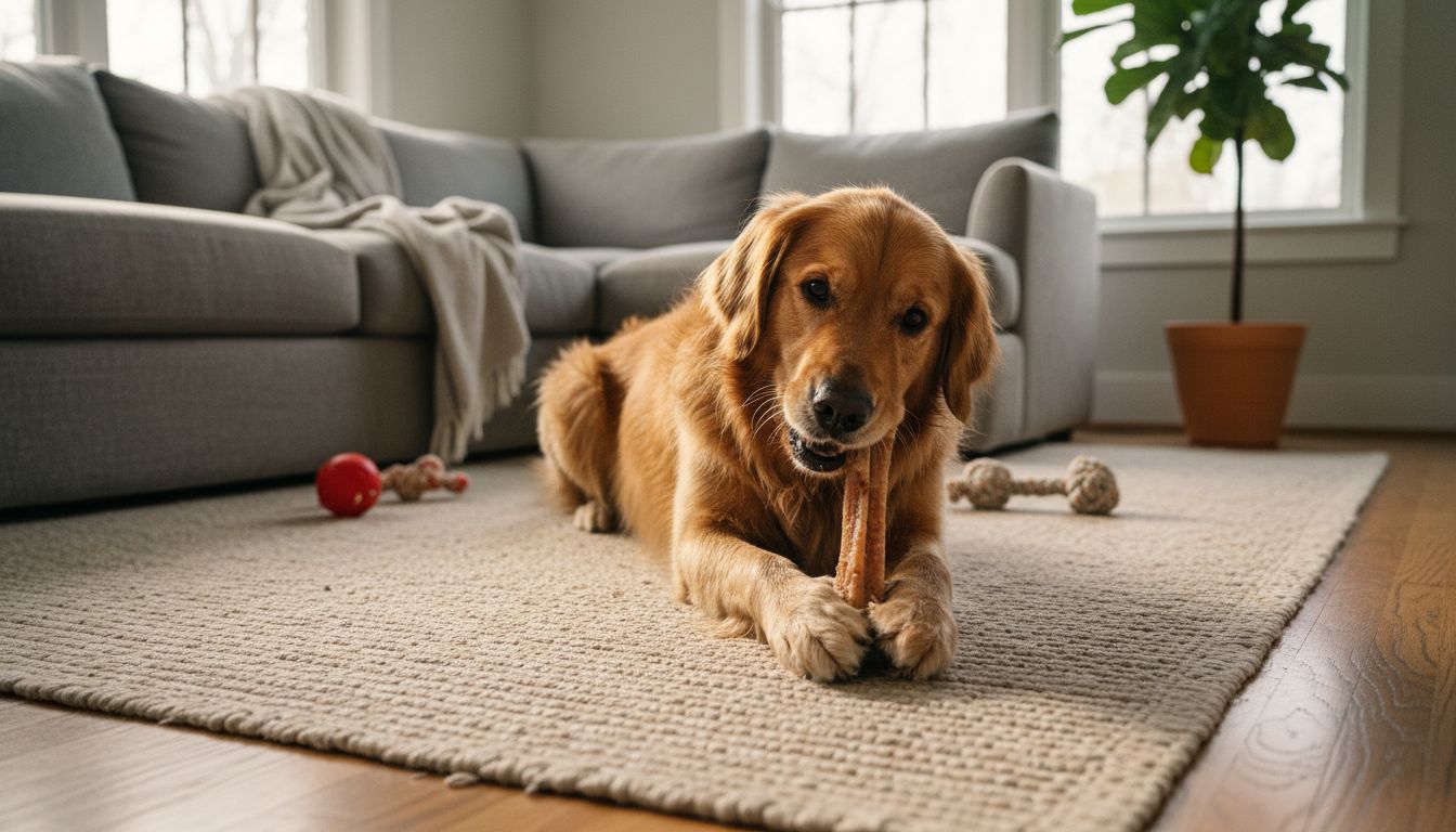 Golden retriever chewing bone on rug