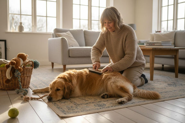 Woman brushing dog in cozy living room setting