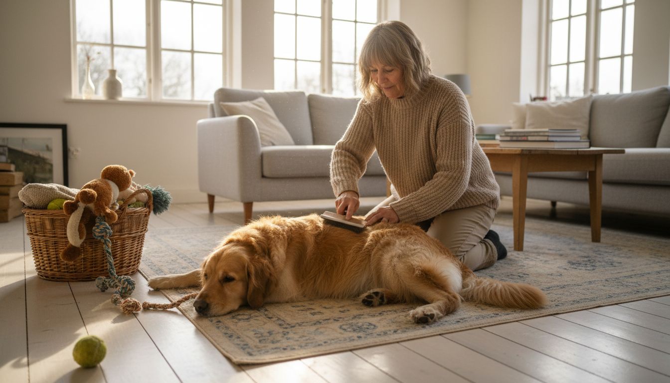 Woman brushing dog in cozy living room setting