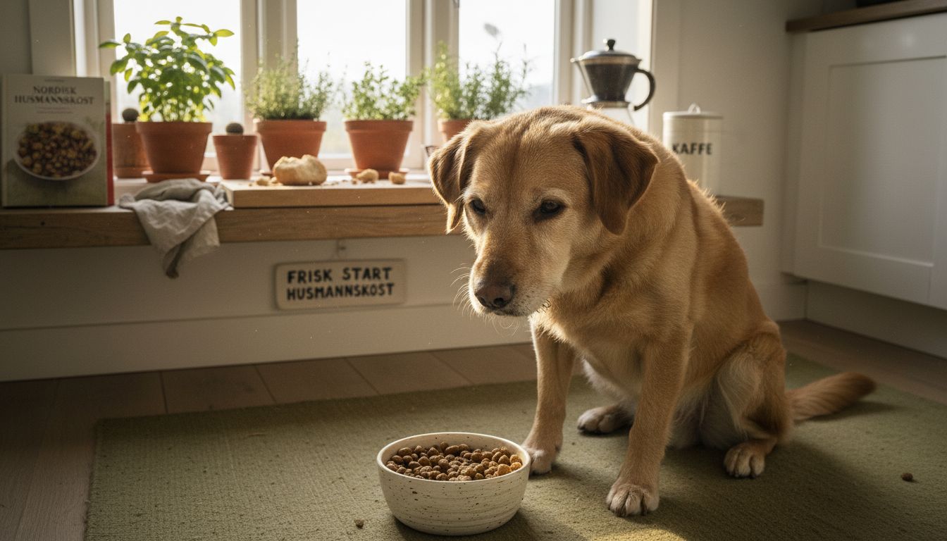 En glad hund nyder sin økologiske mad i det lyse køkken.