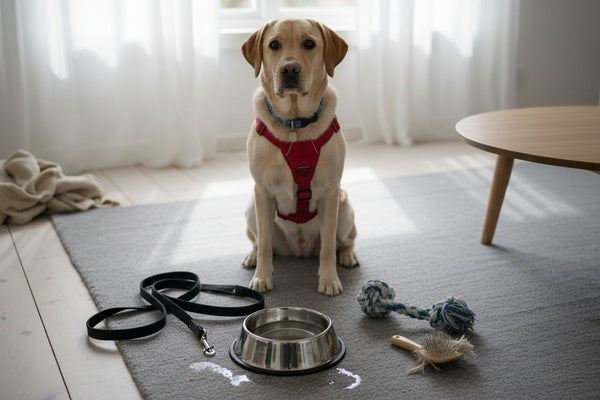 Labrador iført sele, snor og forskellige hundetilbehør