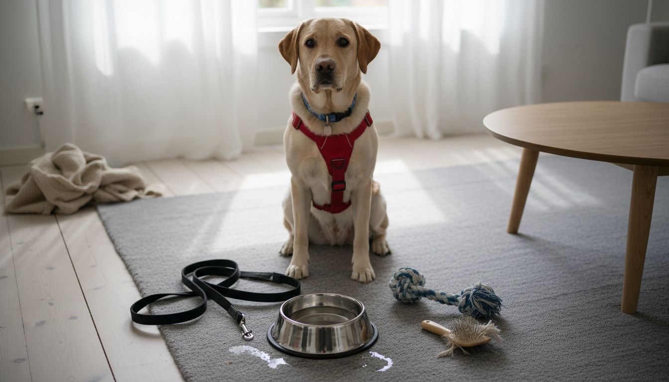 Labrador iført sele, snor og forskellige hundetilbehør