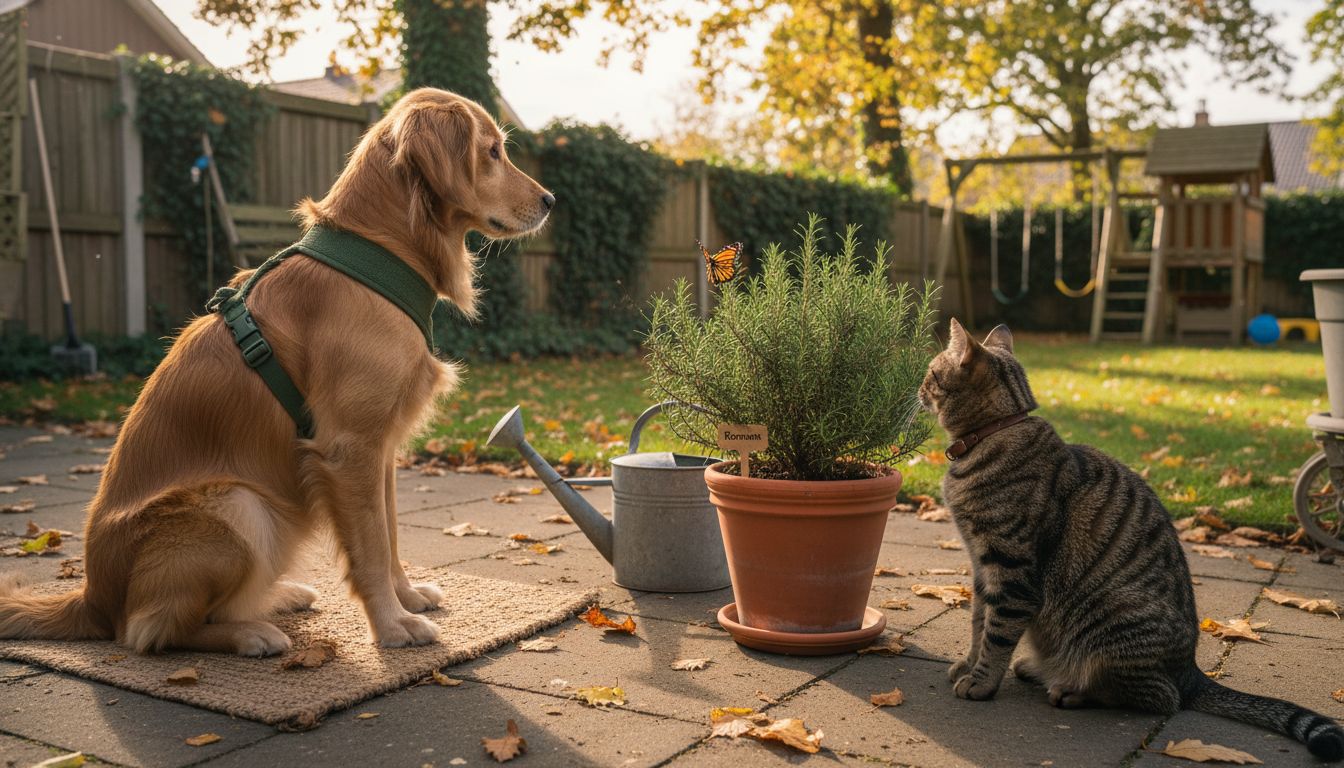 Hund med sele og kat med halsbånd ude i det fri