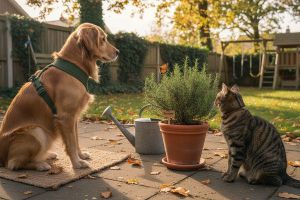 Hund med sele og kat med halsbånd ude i det fri