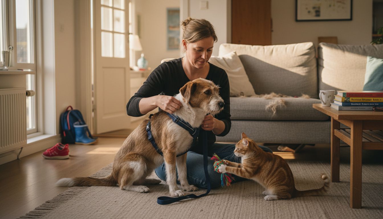 En hundeejer sætter sele på sin hund derhjemme.