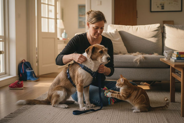 En hundeejer sætter sele på sin hund derhjemme.