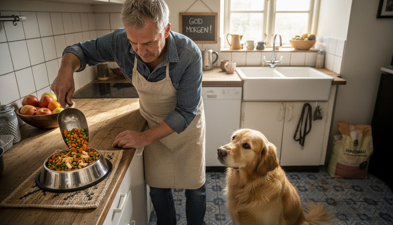 Hundeejer står i køkkenet og laver et sundt måltid til sin firbenede ven.