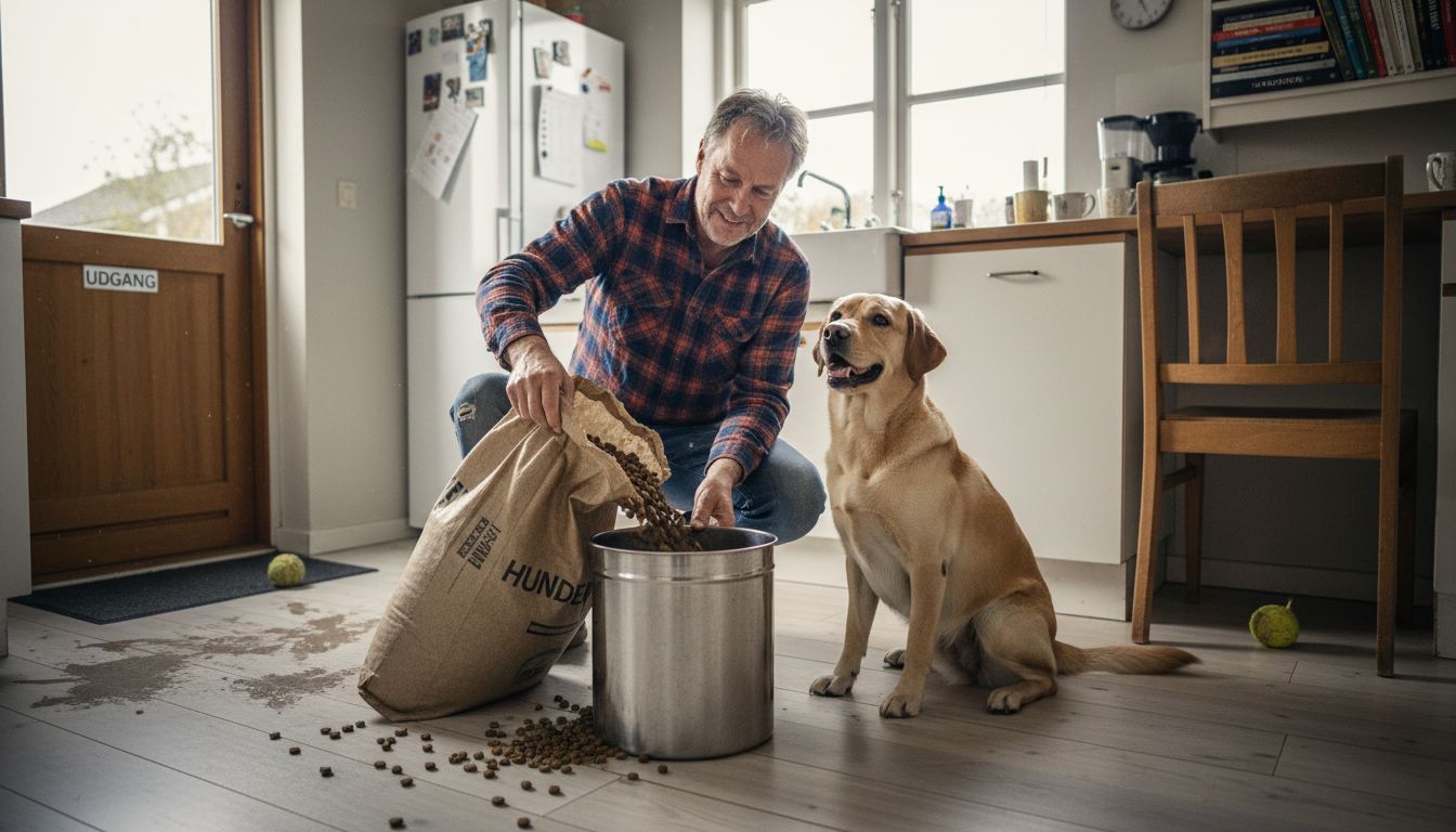 En mand hælder en stor pose hundemad op i en fodertønde.