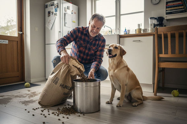 En mand hælder en stor pose hundemad op i en fodertønde.