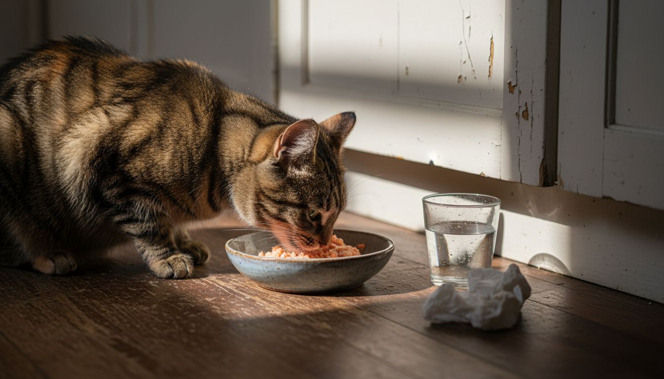 En kat nyder sin særlige kost i det solfyldte køkken.