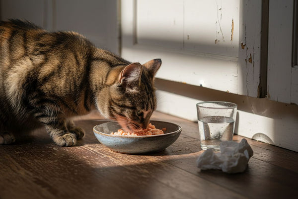 En kat nyder sin særlige kost i det solfyldte køkken.