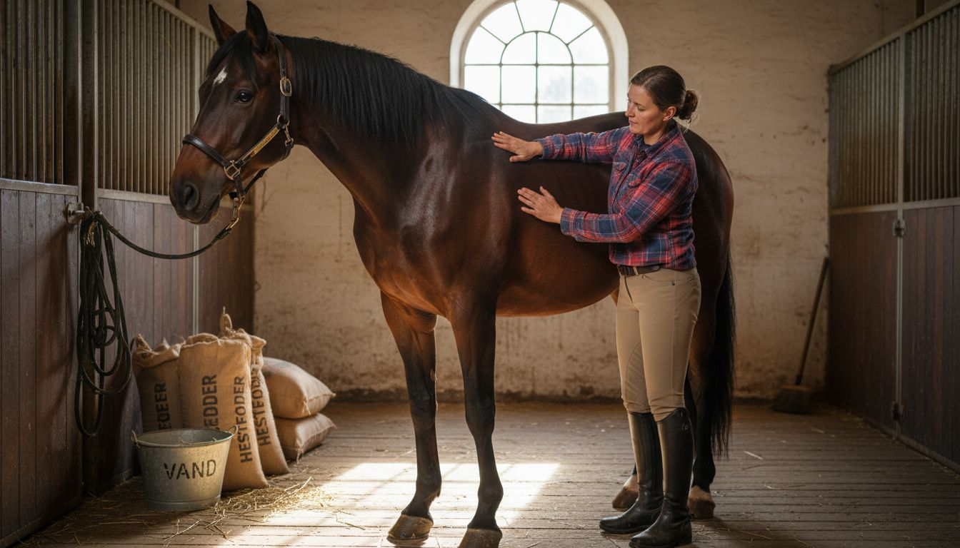 Ejeren tjekker hestens foderstand i stalden