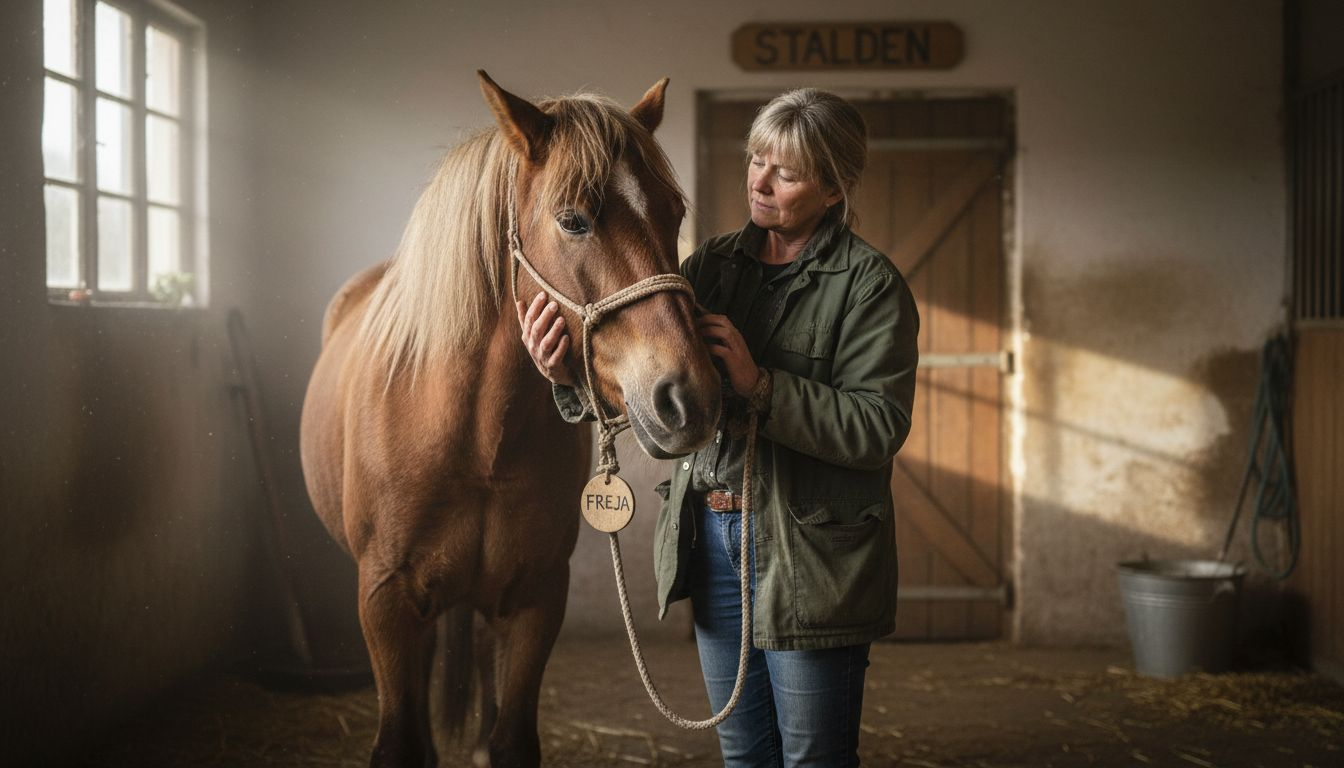 Kvinde tilser sin ældre hest i stalden og tjekker dens helbred