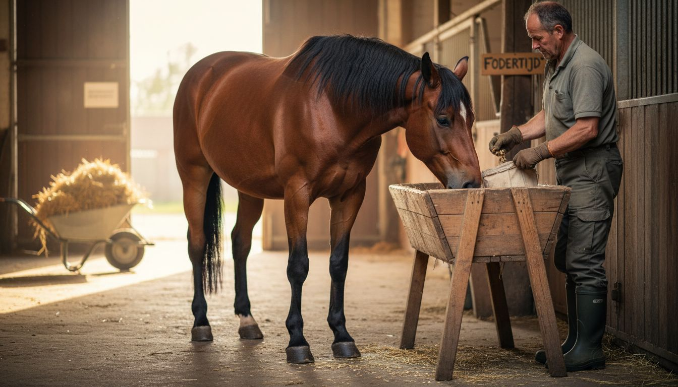 En hest står og nyder sit særlige foder i en solbeskinnet stald.