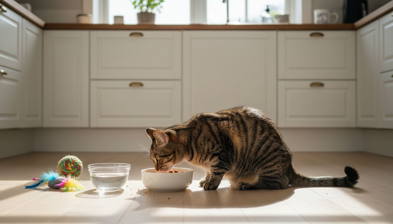 En stribet huskat nyder sit næringsrige kattefoder i køkkenet.