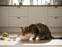 En stribet huskat nyder sit næringsrige kattefoder i køkkenet.