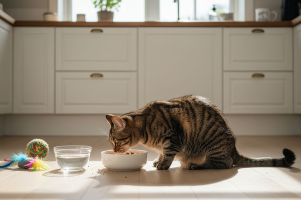 En stribet huskat nyder sit næringsrige kattefoder i køkkenet.