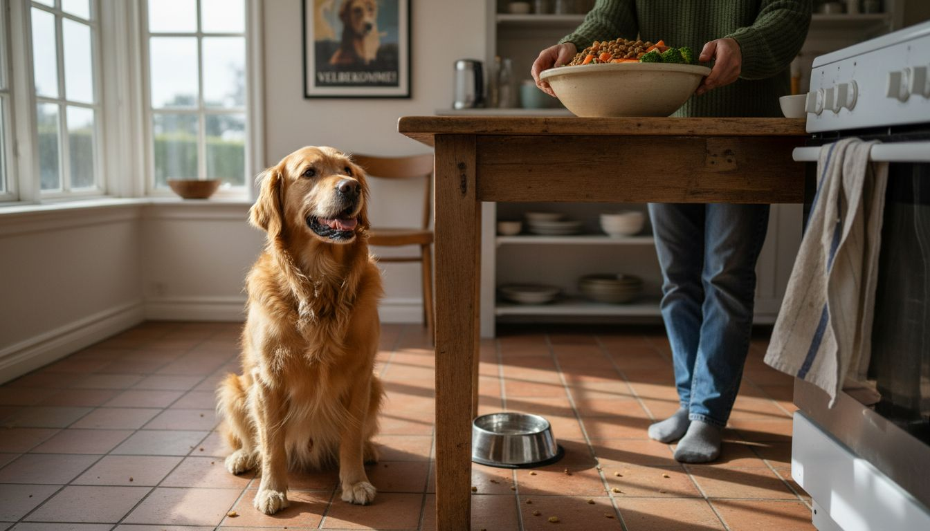 Hund venter utålmodigt på sin hjemmelavede, sunde aftensmad