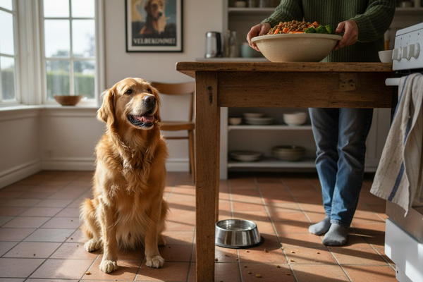 Hund venter utålmodigt på sin hjemmelavede, sunde aftensmad
