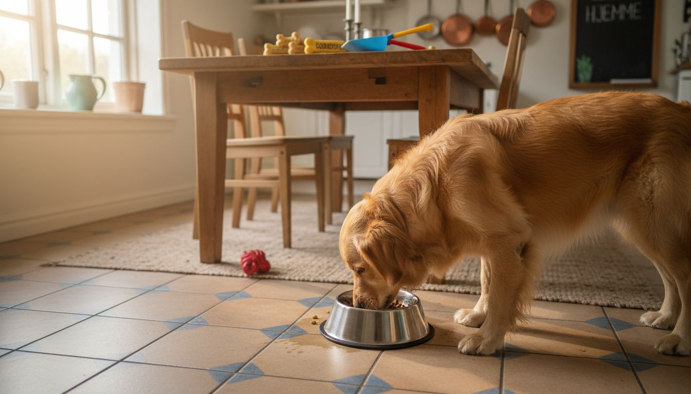 En golden retriever nyder sin mad i det solbeskinnede køkken derhjemme.
