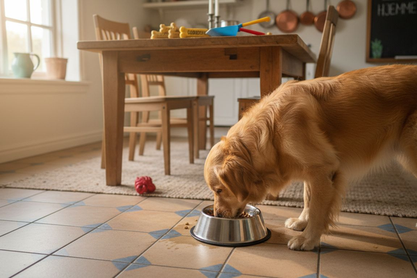 En golden retriever nyder sin mad i det solbeskinnede køkken derhjemme.