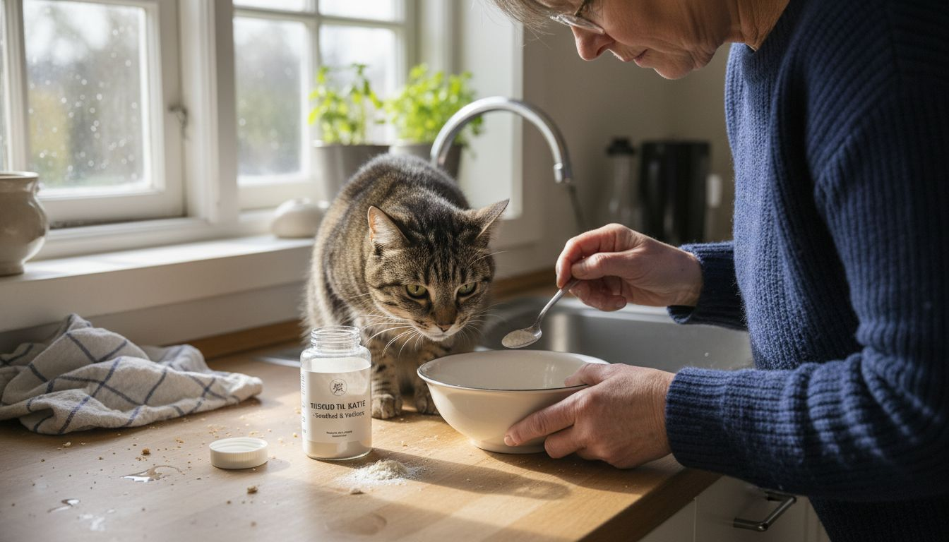 En kat har fundet vej op på køkkenbordet, hvor den sidder tæt på et kosttilskud og en madskål.