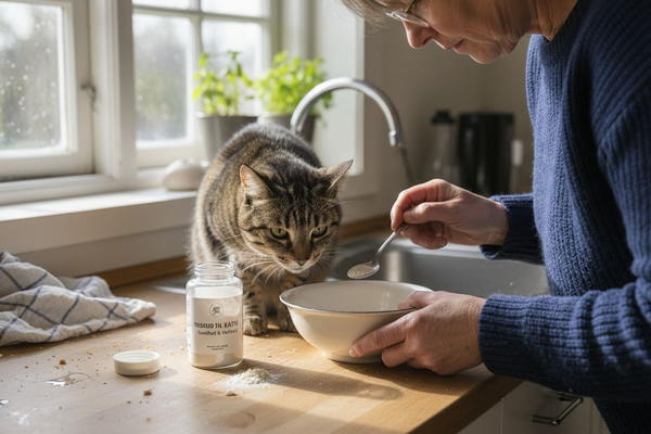 En kat har fundet vej op på køkkenbordet, hvor den sidder tæt på et kosttilskud og en madskål.