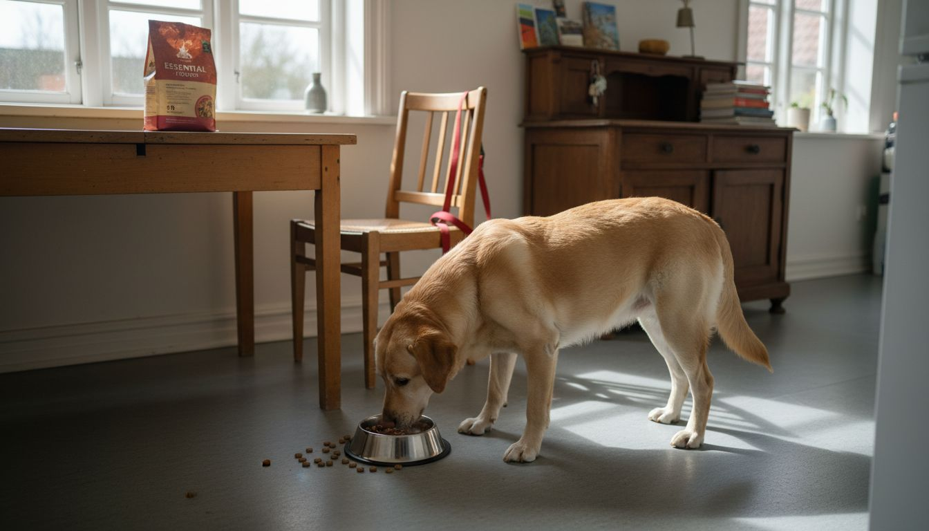 Labradoren står og spiser af sin madskål i køkkenet.