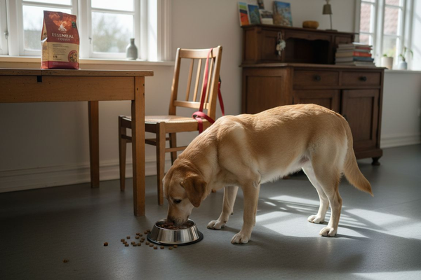 Labradoren står og spiser af sin madskål i køkkenet.