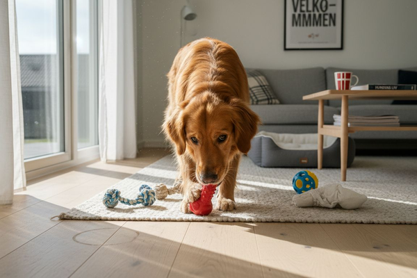 En glad golden retriever hygger sig med sit legetøj og leger ivrigt rundt i stuen.