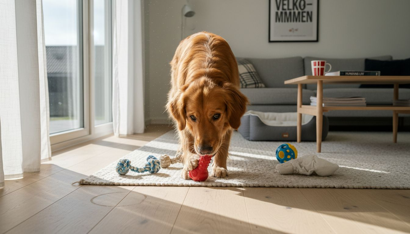 En glad golden retriever hygger sig med sit legetøj og leger ivrigt rundt i stuen.