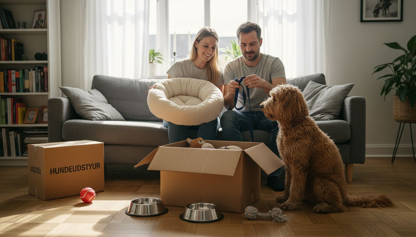 Et par er hjemme og pakker ud af tasken med hundens ting og sager.