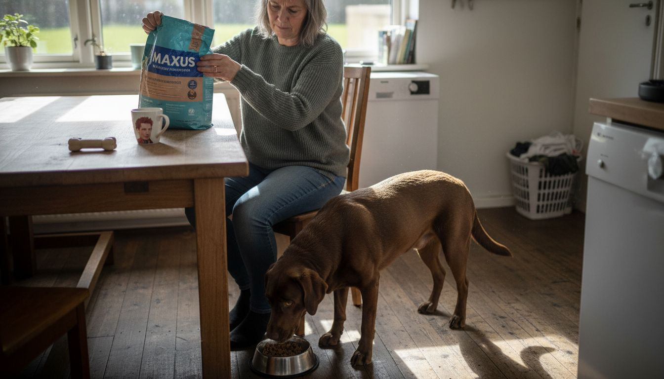 Ejeren står i køkkenet sammen med hunden og overvejer, hvilket foder de skal vælge.