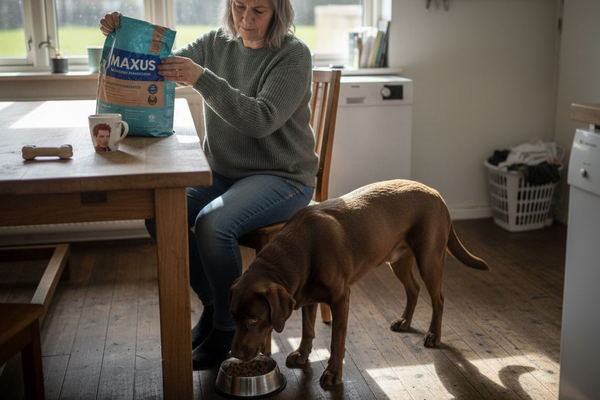 Ejeren står i køkkenet sammen med hunden og overvejer, hvilket foder de skal vælge.