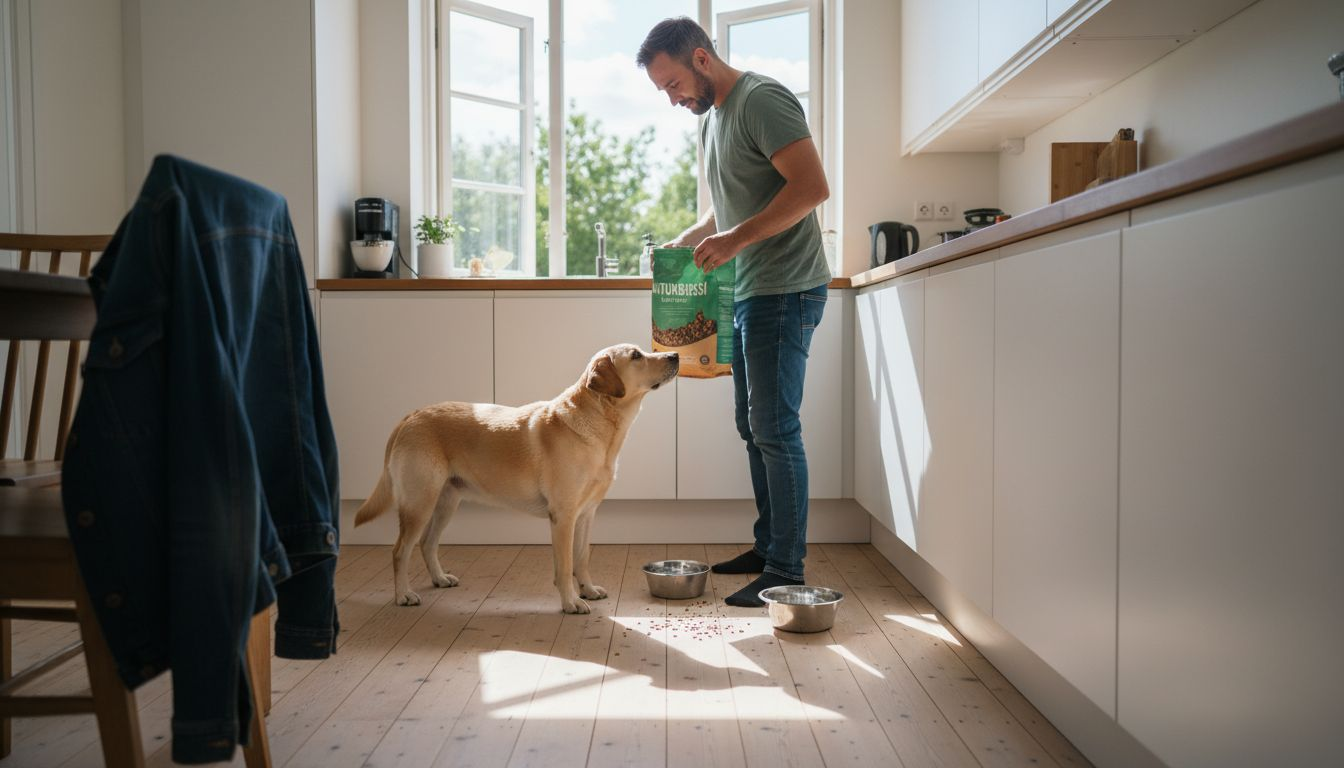 En hund får serveret sin mad i et dansk køkken.