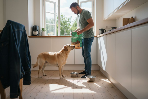 En hund får serveret sin mad i et dansk køkken.
