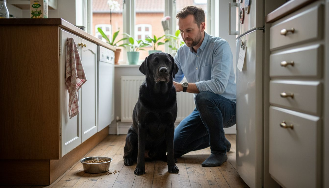 En person står i det lyse køkken og børster sin hund, mens solen skinner ind gennem vinduet.