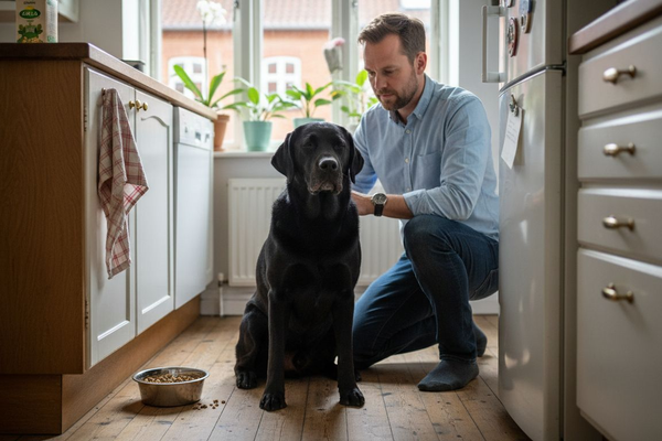 En person står i det lyse køkken og børster sin hund, mens solen skinner ind gennem vinduet.