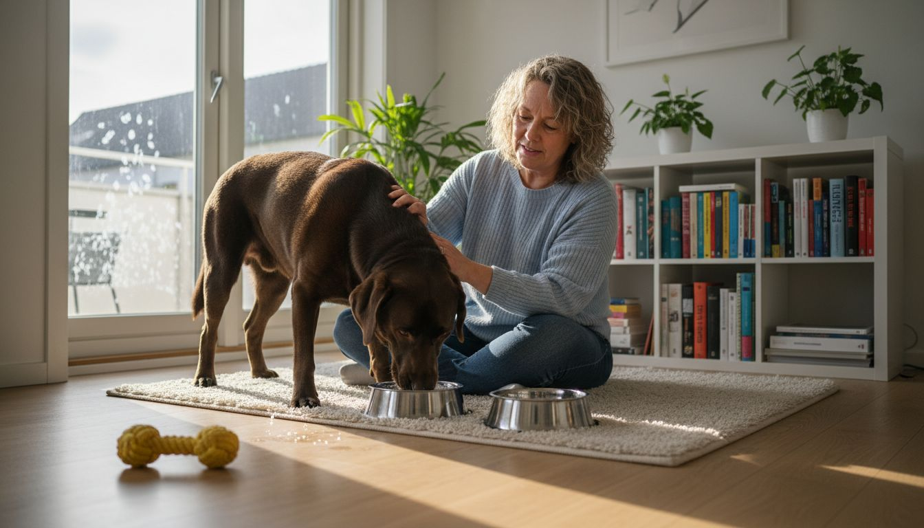 Hund og ejer hygger sig sammen i stuen, mens der skiftes foder