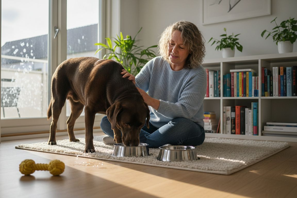 Hund og ejer hygger sig sammen i stuen, mens der skiftes foder