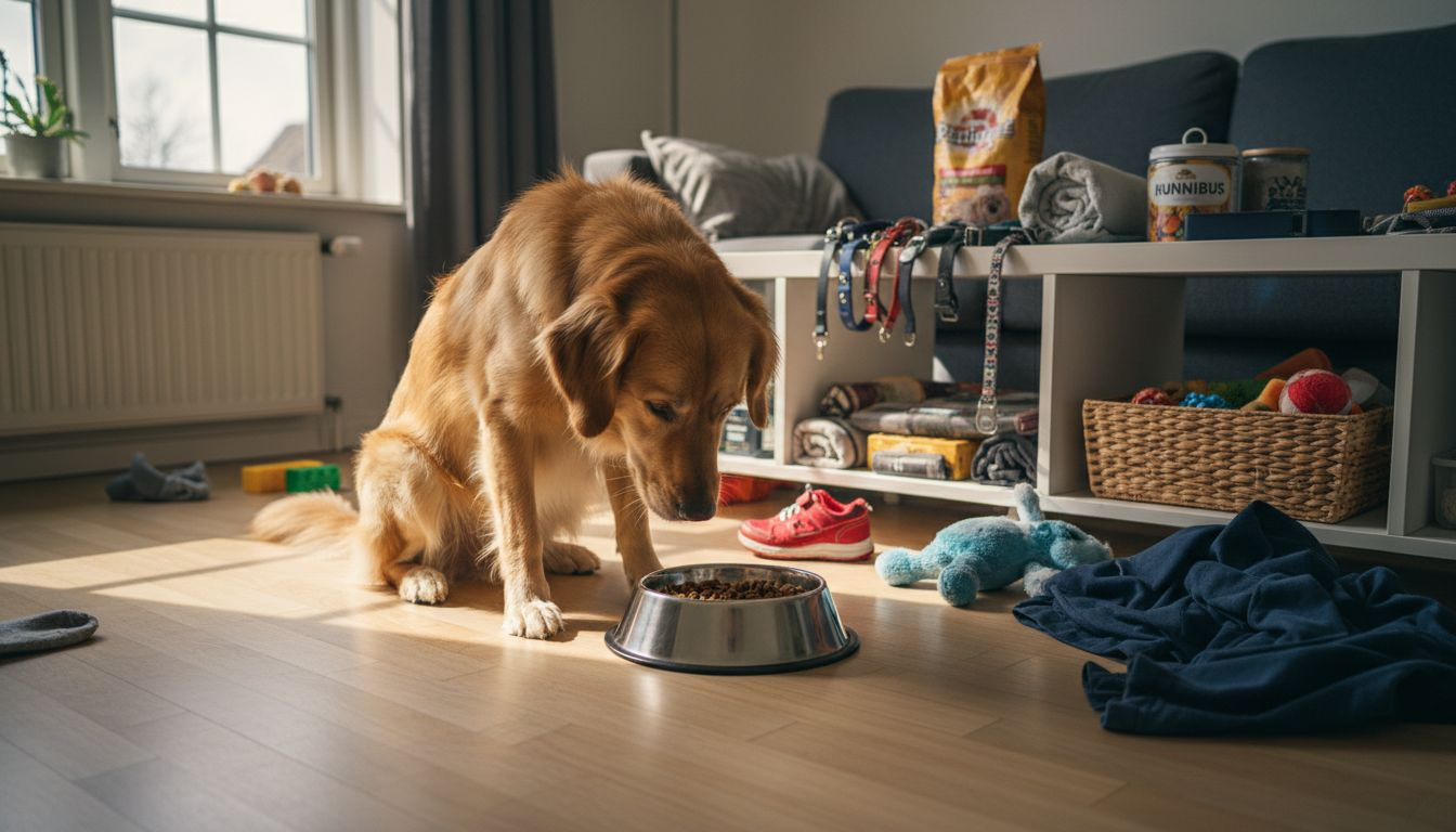 Hunden sidder ved sin madskål i stuen