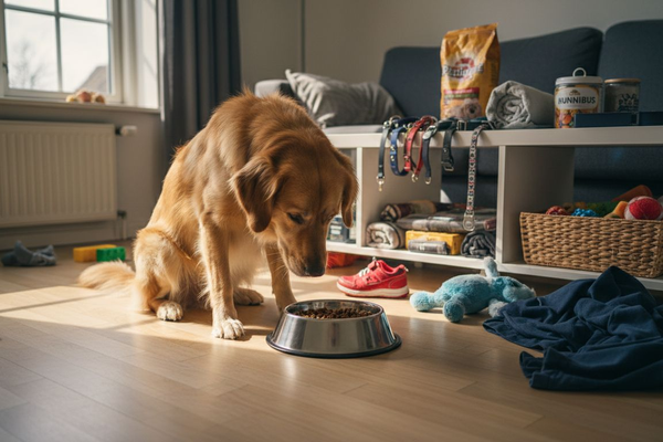 Hunden sidder ved sin madskål i stuen