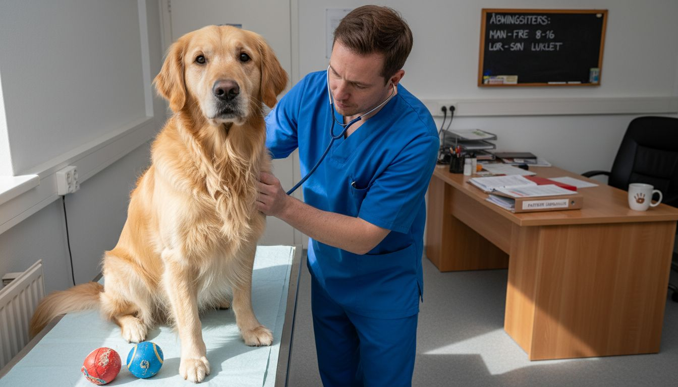 Dyrlægen giver hunden et grundigt sundhedstjek