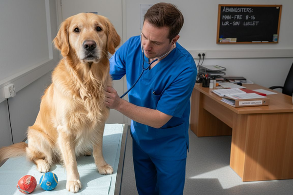Dyrlægen giver hunden et grundigt sundhedstjek